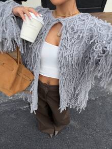 Ritzy Row 女士休闲圆领流苏针织开衫毛衣流苏灰色开衫 - 深灰色 - 查看 6