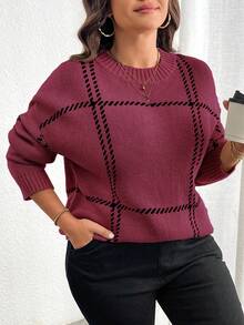 Elenzga 大码女式休闲日常通勤格子图案落肩宽松套头毛衣，秋冬款 - 中紫紅色 - 查看 4