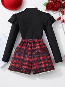 Elladie kids Girls Solid Color Ribbed Collar Ruffle Trim Long Sleeve Top + Plaid Button Decor Skort, Casual Daily Outfit - Black - View 2