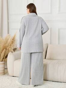 Lacomfia 2pcs Plus Size Women Fleece Patchwork Contrast Color Knitted Top And Pants Set, Autumn/Winter - Light Grey - View 2