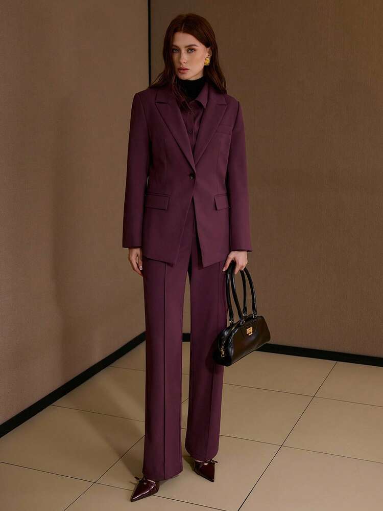 WOMEN'S BURGUNDY STRAIGHT LEG SUIT PANTS WITH SLANT POCKETS, ELEGANT OFFICE WEAR & VERSATILE ALL-MATCH