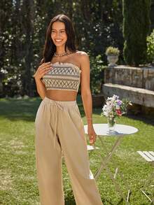 KARISMINA Set de 2 piezas Top sin tirantes casual y pantalones largos para vacaciones de mujer