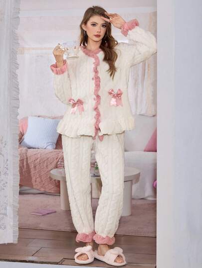 SweetSlumber Sweet Slumber Cute & Comfortable Autumn/Winter Fuzzy Pink Ruffle Trim Bow Decor Soft Women Pajama Set