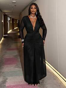 Slaydiva 2025春夏新款加大码音乐节、复活节、圣诞节、生日派对、毕业季、学院风、学生装、日常休闲、百搭基础款、休闲、邮轮旅行、海滩、日光浴、爆款、街头风、婚礼宾客波西米亚风、通勤、早午餐、机场、Y2K、乡村复古、假日新年情人节优雅浪漫性感派对长袖网纱拼接透视低领荷叶边长裙 - 黑色 - 黑色 - 查看 15