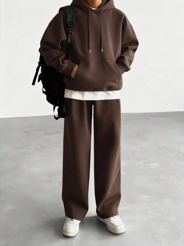 DAZY Conjunto de sudadera con capucha de unicolor para hombre con forro térmico, marrón, otoño/invierno