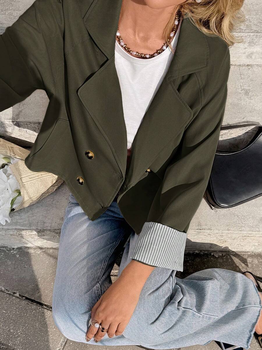 SHEIN Frenchy Áo khoác trench coat ngắn hai hàng khuy thời trang thường ngày dành cho nữ - xanh quân đội - Xem 1