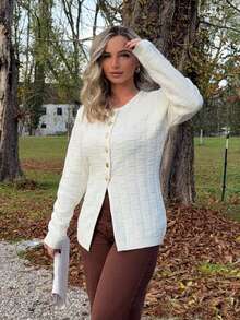 Jeta Ari V-Neck Long Sleeve French Style Cinched Waist Single Breasted Knit Cardigan - Apricot - View 6