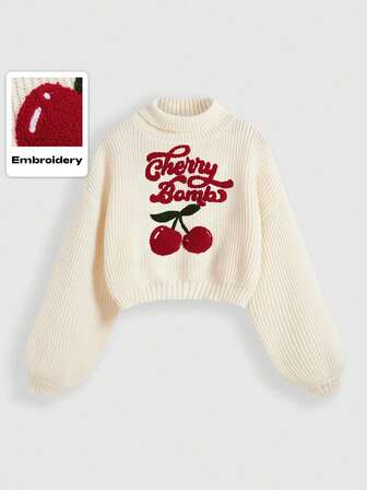 Fairycore Damen Große Größen Pullover mit hohem Kragen, Kirsche Stickerei Logo und Laternenärmel, im Mori-Girl-Stil, für den Winter