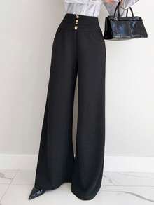Siren Gaze Women's Minimalist Commuter Elegant Metal Buckle Decor Wide Leg Pants, Black Winter Dress Pants Thanksgiving Old Style - Black - View 6