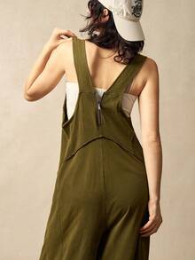 Bohemela 女式夏季休闲纯色针织插袋阔腿宽松连体裤，适合复活节和音乐节波西米亚风格 - 軍綠色 - 查看 6