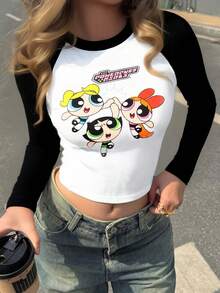 THE POWERPUFF GIRLS X SHEIN 女士休闲花朵、泡泡、毛茛图案撞色插肩袖T恤，秋季 - 黑與白 - 查看 1