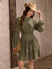 Wildy Women's Casual Textured Ruffle Hem Mini Dress, Suitable For Everyday Wear In Autumn/Winter - Green - View 3