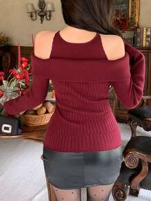 DAZY Damen eleganter Off-Shoulder einfarbiger Pullover, Herbst - Bordeaux - Übersicht 2