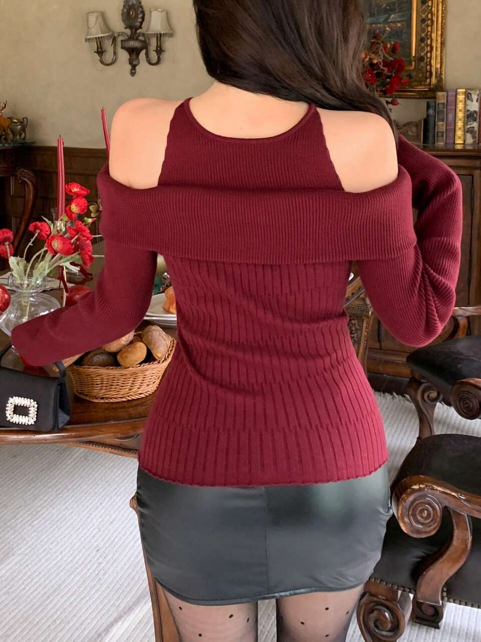 Women's Elegant Off-Shoulder Solid Color Sweater, Autumn