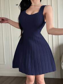 Feyla 女士宽松针织连衣裙和开衫两件套，秋冬毛衣连衣裙套装 - 藏蓝色 - 查看 4