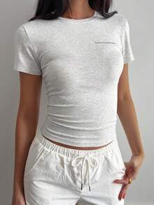 DAZY Letter Print Slim Fit Crew Neck Summer Short Sleeve Athletic T-Shirt - Grey - View 3