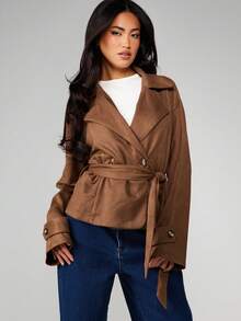 MISSGUIDED Oversized Collar Tie Up Waist Long Sleeve Casual Jacket Trench Coat - Brown - View 1