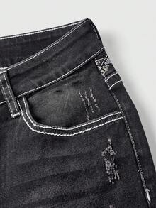 ROMWE J-Fashion Y2K复古千禧性感口袋亮片刺绣修身喇叭牛仔裤（女款） - 黑色 - 查看 4