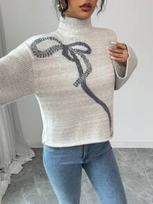 SHEIN Raffinéa Women's Casual Fashion Minimalist Versatile Commuting Loose High Neck Bow Decor Sweater, Autumn/Winter - Light Grey - View 8