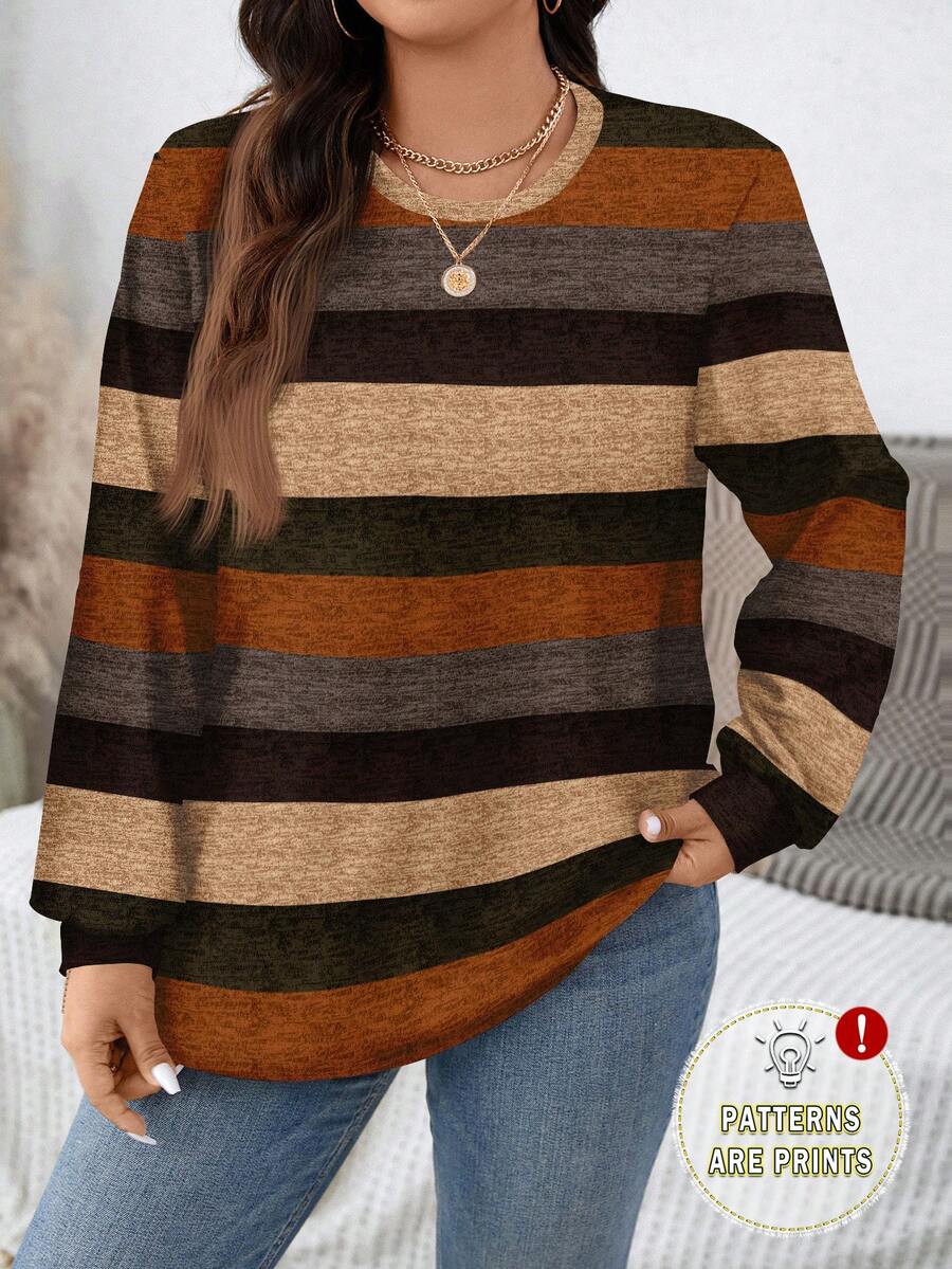 EMERY ROSE Christmas Striped Print Casual Versatile Plus Size Women Crew Neck Loose Long Sleeve Sweatshirt, Autumn/Winter Brown Long Sleeve - Multicolor - View 1