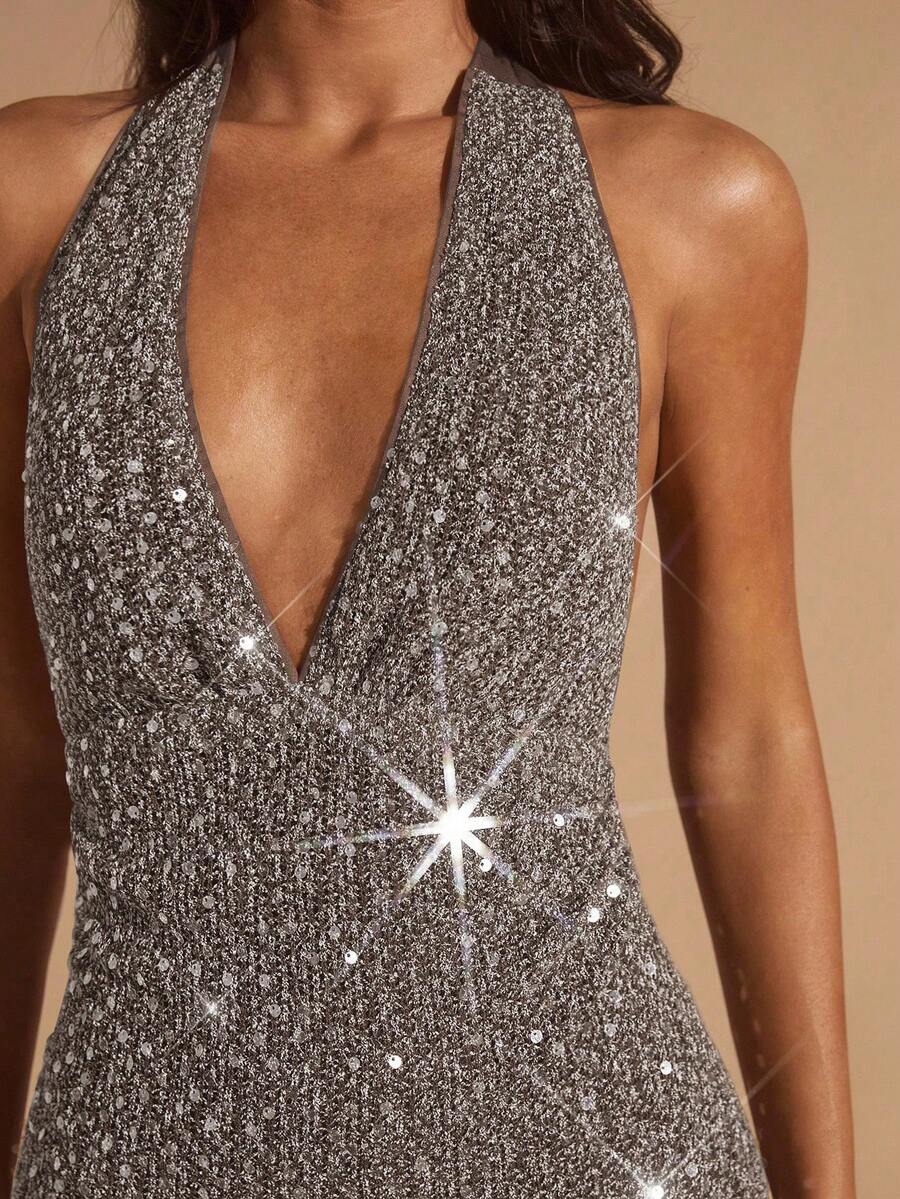 Glamine 秋季新品奢华性感优雅度假闪亮亮片面料深V领露背无袖高领咖啡色迷你连衣裙