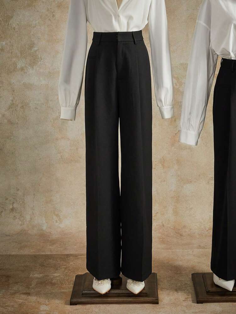 Elegant High-Waisted Design Pocket Women's Straight Leg Pants, Solid Color Long Trousers, Suitable For Tall, Fall, Winter, Summer, Spring, New Year, Party, Wedding, Elegant, Chic, Stylish, Business Casual