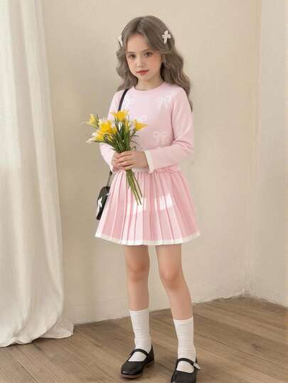 Young Girl Casual, Fashionable And Cute Pink Pleated Hem With Bow Round Neck Sweater Dress, Soft And Comfortable, Suitable For Daily Scenes, Scenes,Traveling Scenes