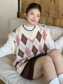 Dazy Plus Contrast Color Patchwork Diamond Pattern V-Neck Sleeveless Casual Plus Size Women Knit Vest, Autumn/Winter - Pink - View 1