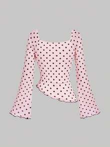 SHEIN MOD 女士粉色波点不对称下摆蝴蝶结上衣和鱼尾裙优雅套装 - 粉色 - 查看 6