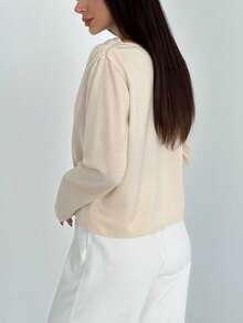 Aloruh Women's Solid Color Asymmetric Neck Long Sleeve Pleated Casual T-Shirt - Apricot - View 2