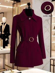 GlowEve 女士翻领系带优雅休闲街头通勤商务浪漫约会派对圣诞节外套，酒红色，秋冬款 - 酒紅色 - 查看 1