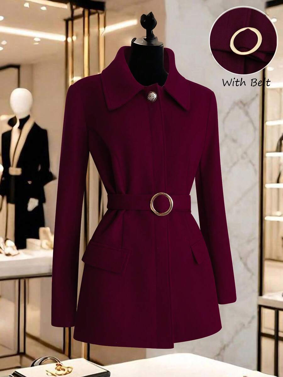 GlowEve 女士翻领系带优雅休闲街头通勤商务浪漫约会派对圣诞节外套，酒红色，秋冬款 - 酒紅色 - 查看 1