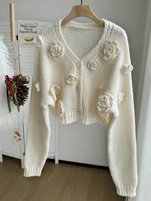 Comfortcana 大码休闲圣诞手工花卉V领落肩长袖纽扣针织开衫 - 米色 - 查看 3