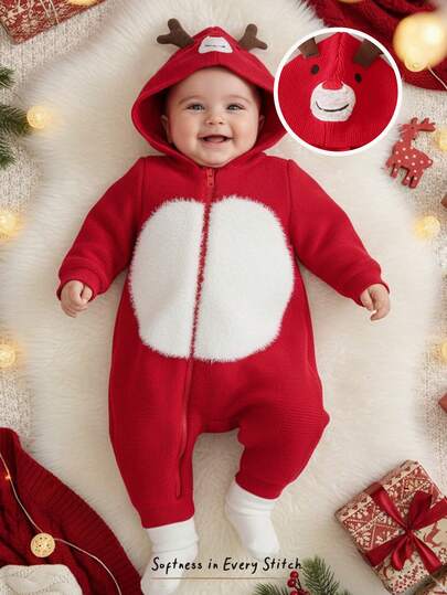 Cozy Pixies Bộ quần áo liền thân dài tay có mũ trùm đầu họa tiết tai hươu nhiều màu Giáng sinh cho bé trai/bé gái, dày dặn và thoải mái