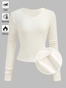 少女纯色保暖V领长袖休闲T恤 - 白色 - 查看 2