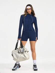 SHEIN Sports 女士极简主义弹力V腰运动短裤，适合瑜伽和跑步 - 藏蓝色 - 查看 5