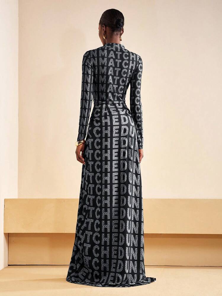 Zivah 2025 Autumn New Arrival Basic Casual Bodysuit With Long Sleeve Tight Mesh Print And Matching Long Pleated Skirt Set, Brown Base With Silver White Letter Print, Suitable For Birthday Party, Banquet, Back To School, Daily Wear, Cruise Travel, Elegant, Commuting, Business Casual,Fall,Fall Clothes For Women,Women's Winter Clothes - Black and White - View 3