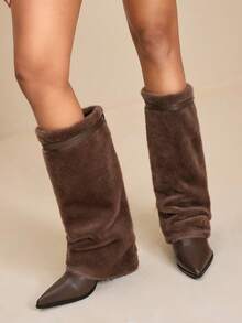 Daringsoles Botas Femininas Estilo Western Com Bico Fino, Salto Grosso E Franjas, Modelo Slim Fit De Cano Alto. - Castanho - Ver 2