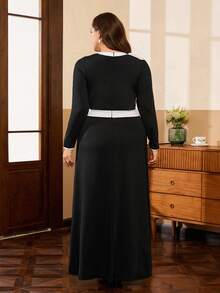 Auvina 大码女式时尚优雅撞色连衣裙 - 黑與白 - 查看 2