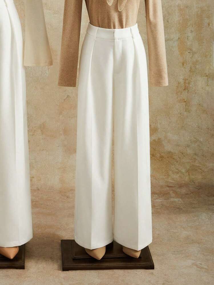 Elegant & Stylish Pleated Pocket White Straight Leg Pants For Women, Petite, Suitable For Fall, Winter, Summer, Spring, New Year, Party, Wedding, Elegant, Chic, Stylish, Business Casual