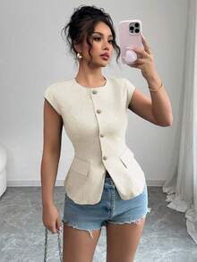 Selianne Women's Round Neck Cap Sleeve Fitted Vest Shirt - Apricot - View 3