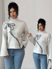 SHEIN Raffinéa Women's Casual Fashion Minimalist Versatile Commuting Loose High Neck Bow Decor Sweater, Autumn/Winter - Light Grey - View 1
