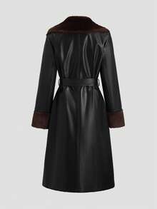 SHEIN Unity 女士时尚街头风拼接仿毛皮尖领系带长款PU皮风衣，秋冬款 - 彩色 - 查看 2