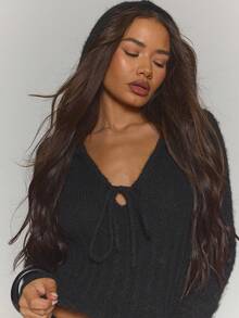 MUSERA 深V领露脐针织连帽衫上衣，冬季街头风，清凉夜出，日常性感，缟玛瑙色，优雅冬日派对晚宴夏季必备 - 黑色 - 查看 2