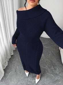 Elenzga Vestito maglia oversize a maniche lunghe da donna, abito casual in maglia a spalle scoperte, abito autunnale/invernale per taglie forti - Blu Navy - Visualizzare 1