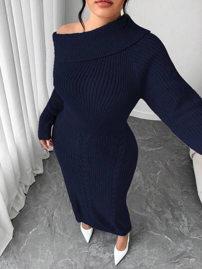 Elenzga Vestido de suéter de manga larga de corte holgado para mujer de talla grande, suéter de punto sin hombros, vestido casual de otoño/invierno para talla grande