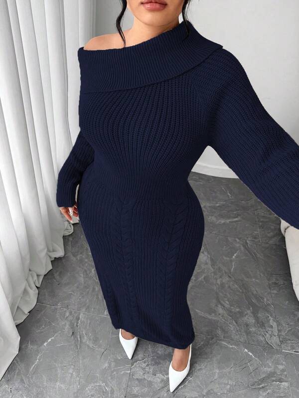 Elenzga Vestido de suéter de manga larga de corte holgado para mujer de talla grande, suéter de punto sin hombros, vestido casual de otoño/invierno para talla grande