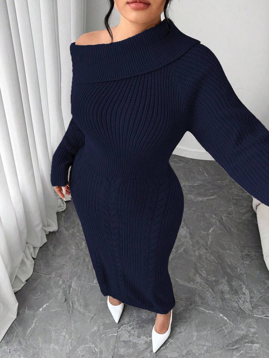 Elenzga Vestito maglia oversize a maniche lunghe da donna, abito casual in maglia a spalle scoperte, abito autunnale/invernale per taglie forti - Blu Navy - Visualizzare 1