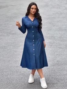 Flexra 女士翻领长袖单排扣休闲通勤牛仔连衣裙 - 藍色 - 查看 3