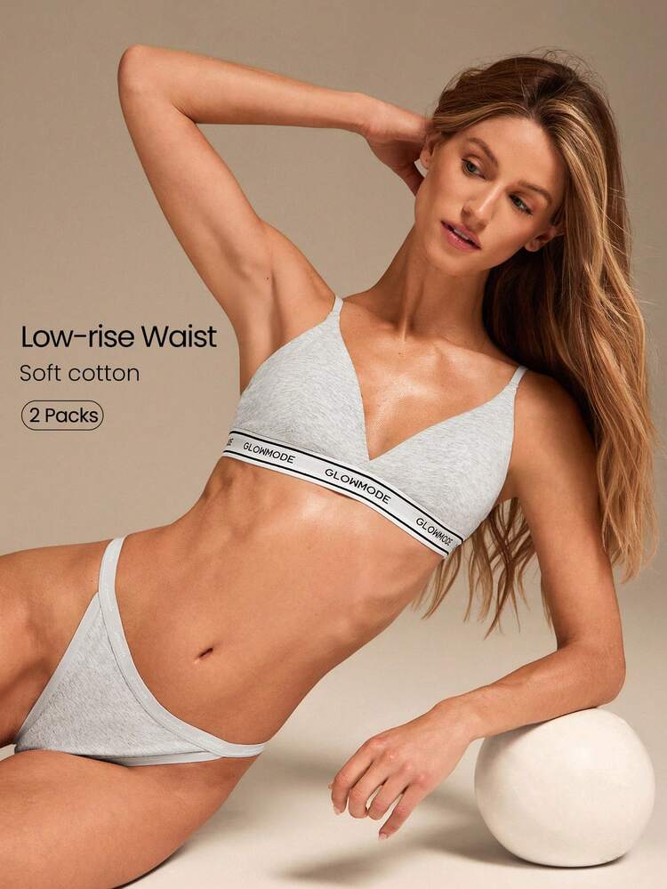 2パック カジュアルウェア用 コットンブレンド ソフト 通気性 吸汗 カラーコントラストロゴウエストバンド ローライズ Tバック